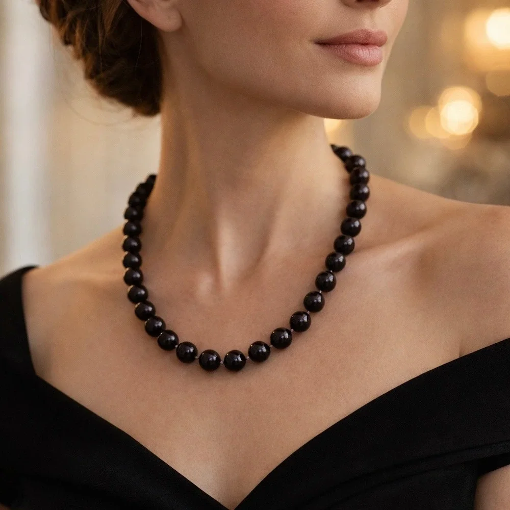 Necklace Black Faux Pearl Knotted Strand 22 Inch‎ Classic Elegant Beaded Jewelry